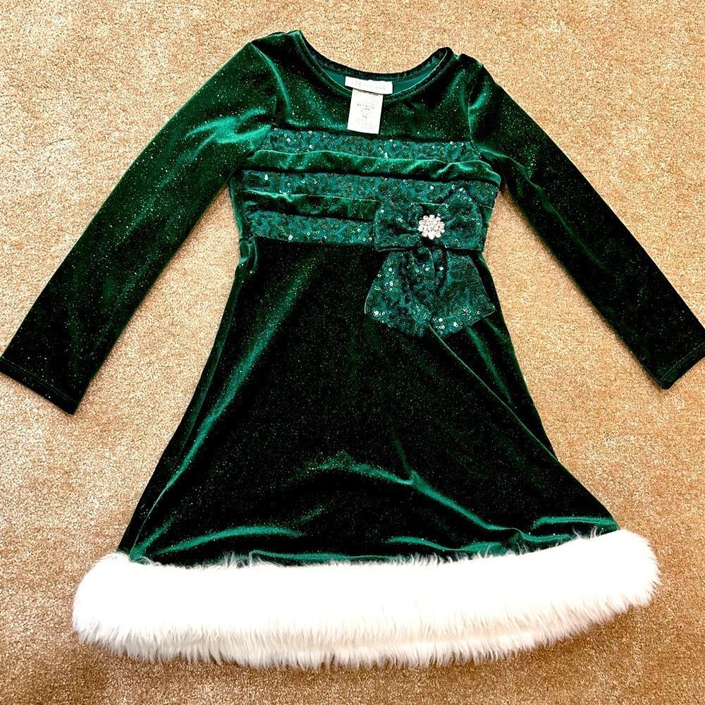 Bonnie Jean Green Velvet Dress with White Fur Trim